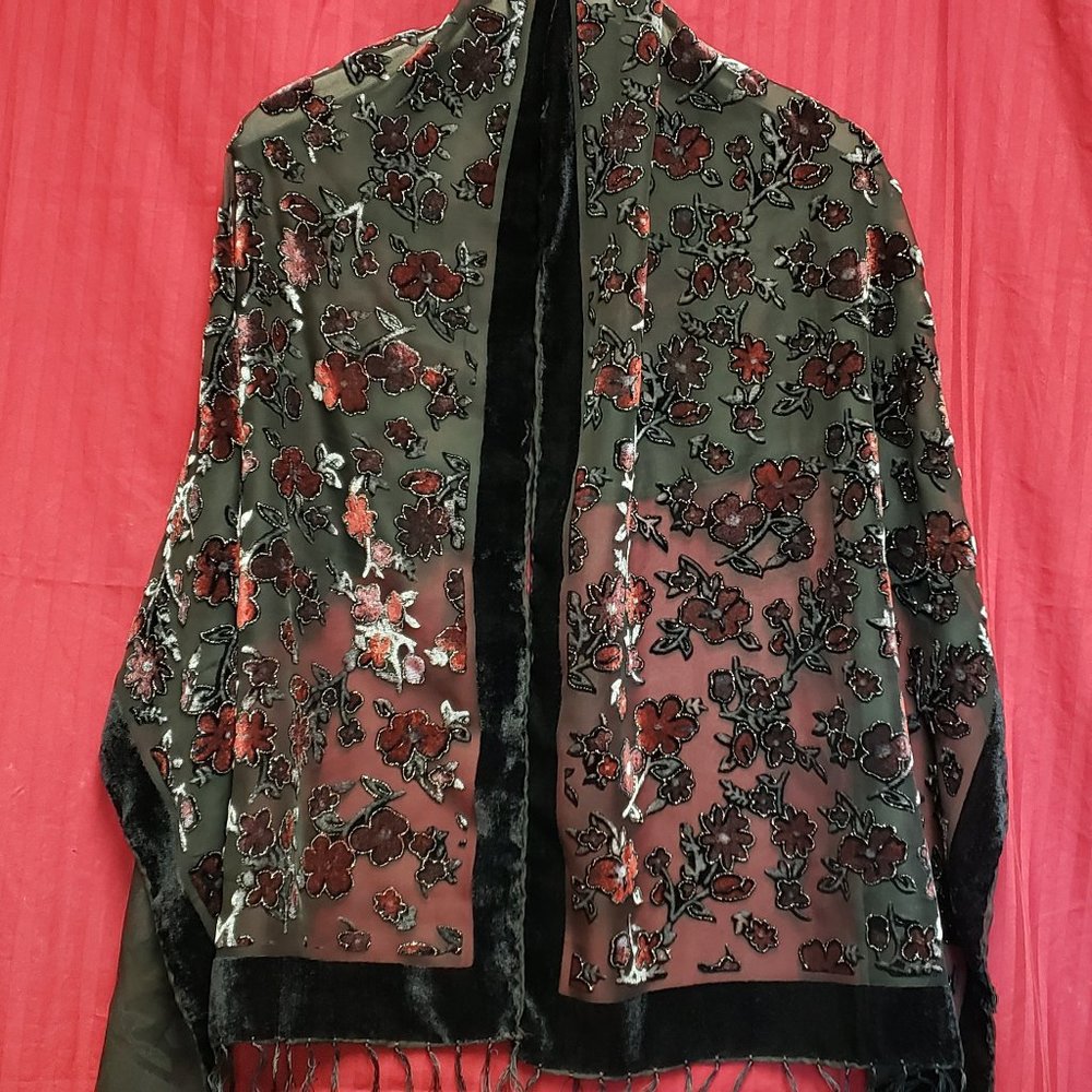 Elegant Sheer Scarf/Shawl/Wrap w/ Velour Black & Red Shinny Floral Pattern.
